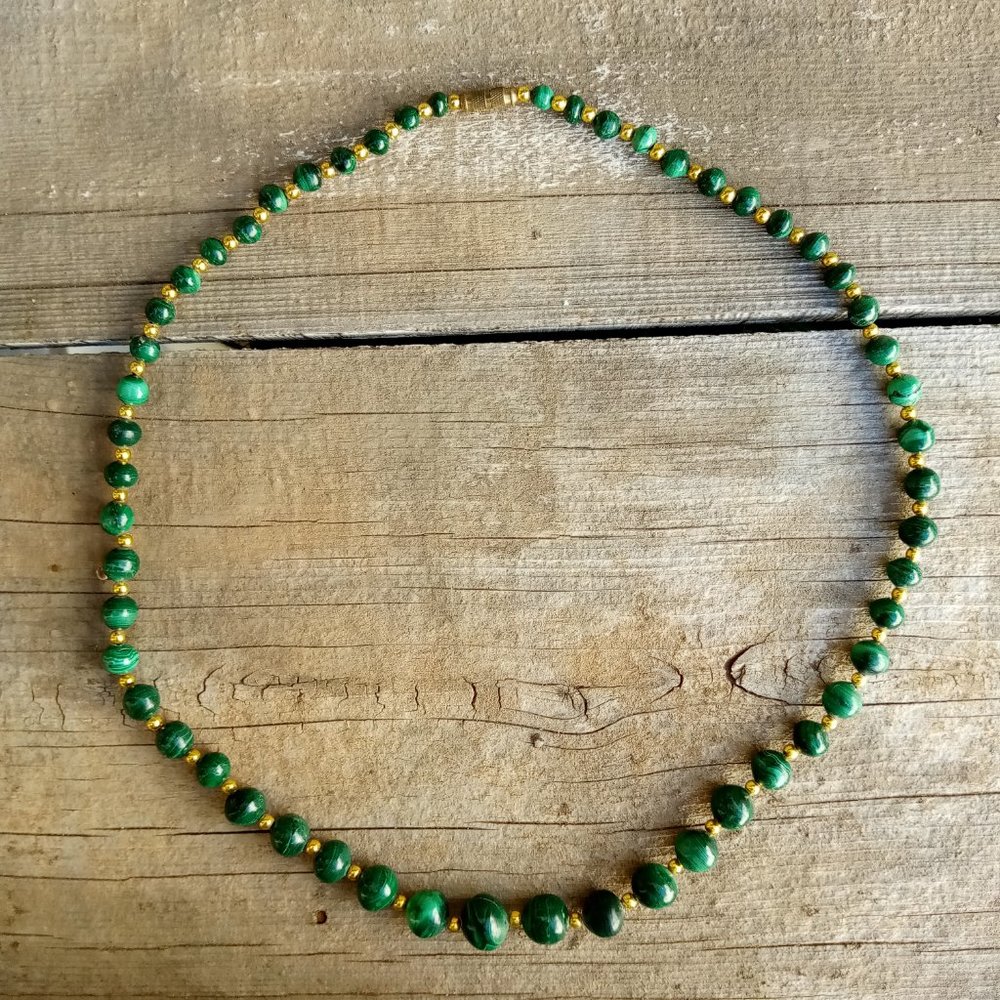 Chinese MALACHITE Graduated Bead Necklace w/Gold Spacers Vintage 25 1/2" - Picture 8 of 8